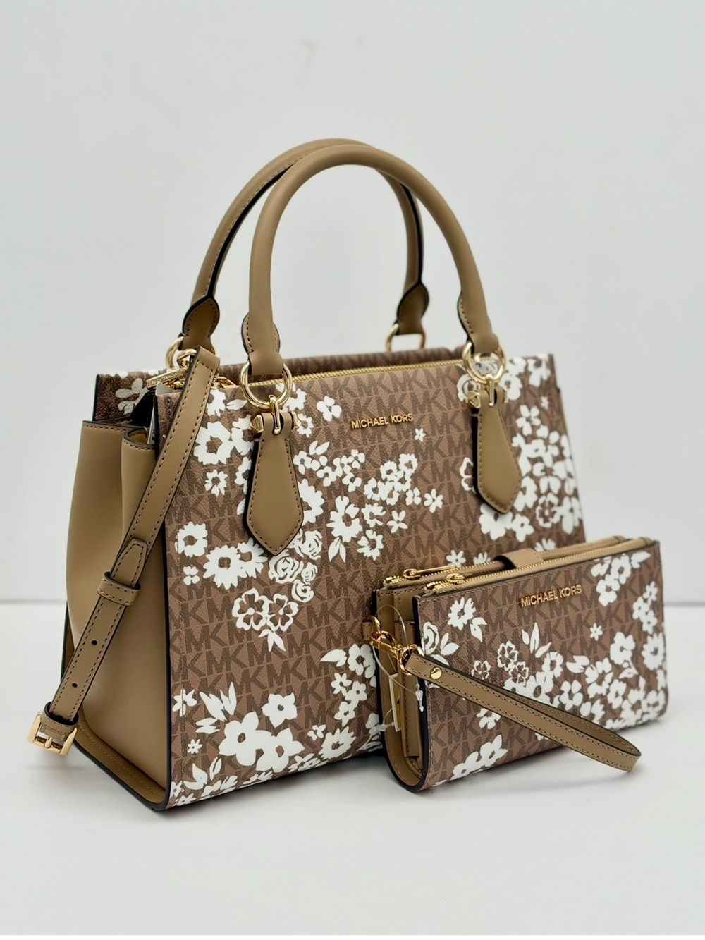 Michael Kors Navy and White Floral Satchel Crossbody and Wallet Set